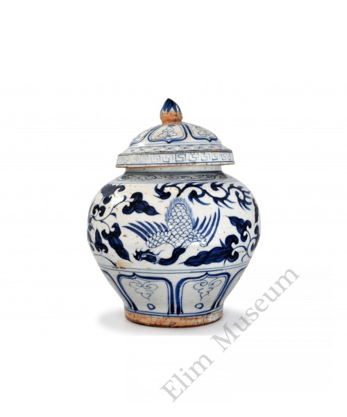 1385 Yuan B&W phoenix and peony jar